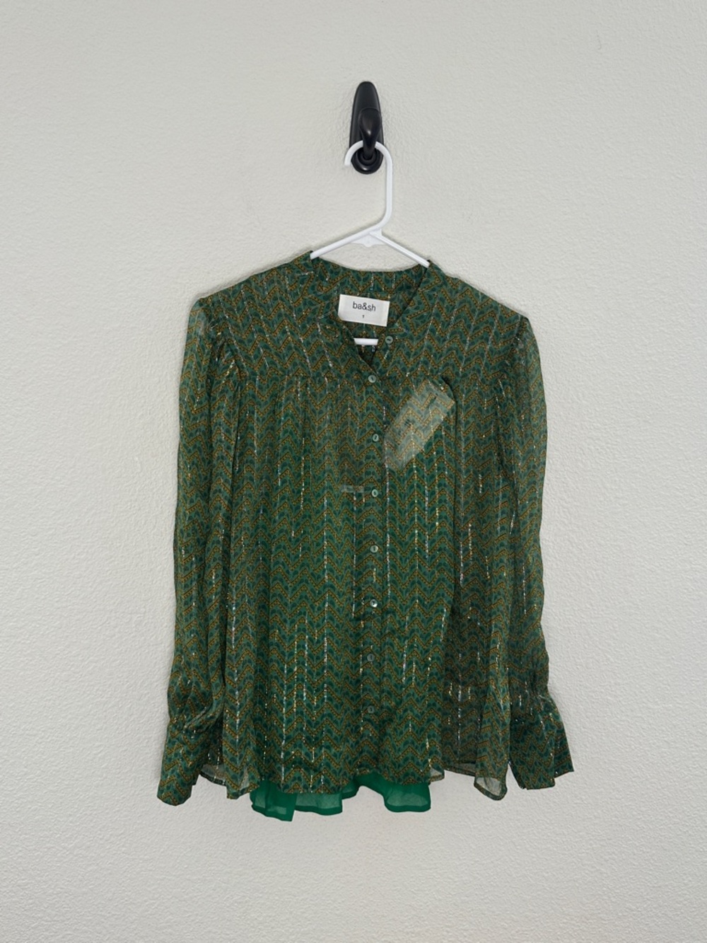 ba&sh Green Sheer Chevron Button-Up Blouse